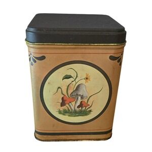 Vintage Mushroom Butterfly Metal Canister Square Yellow Cottagecore Storage Tin